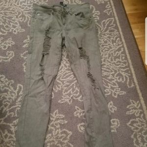 Forever 21 Olive Green Ripped Skinny Jeans